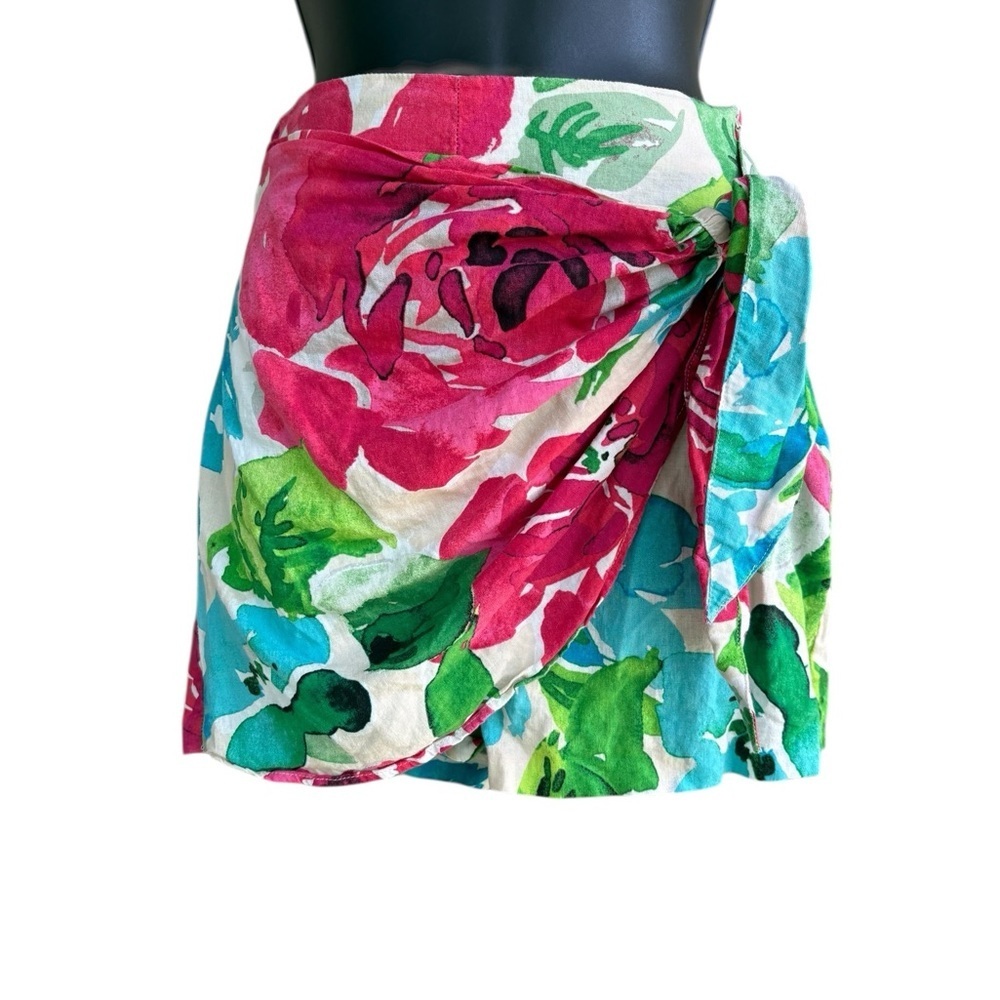 Zara Pink and Green Floral Wrap Linen Viscose Tie Knot Skort Shorts XS preloved - Picture 4 of 8
